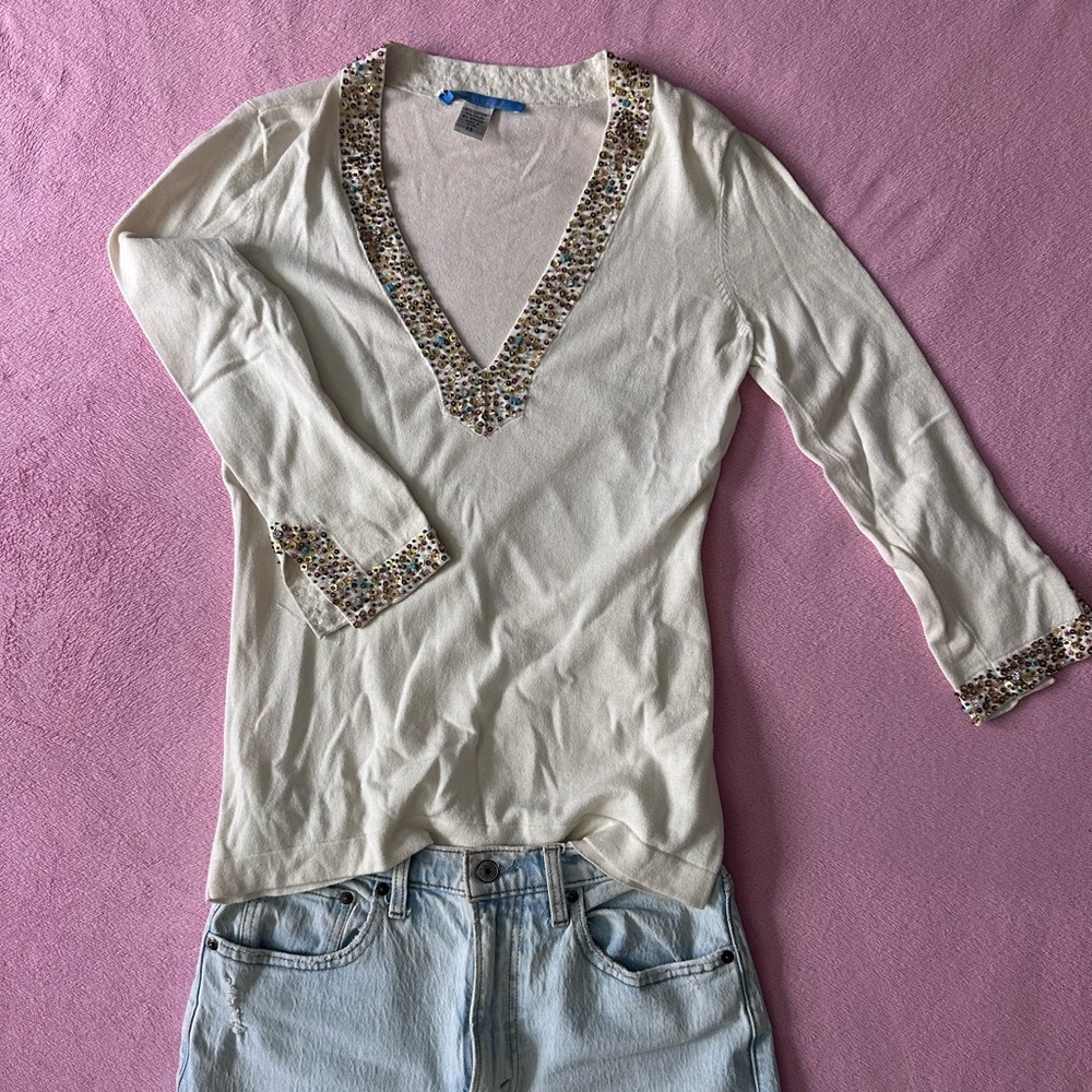 Y2K vibe Cream cashmere V-Neck Women's Top
